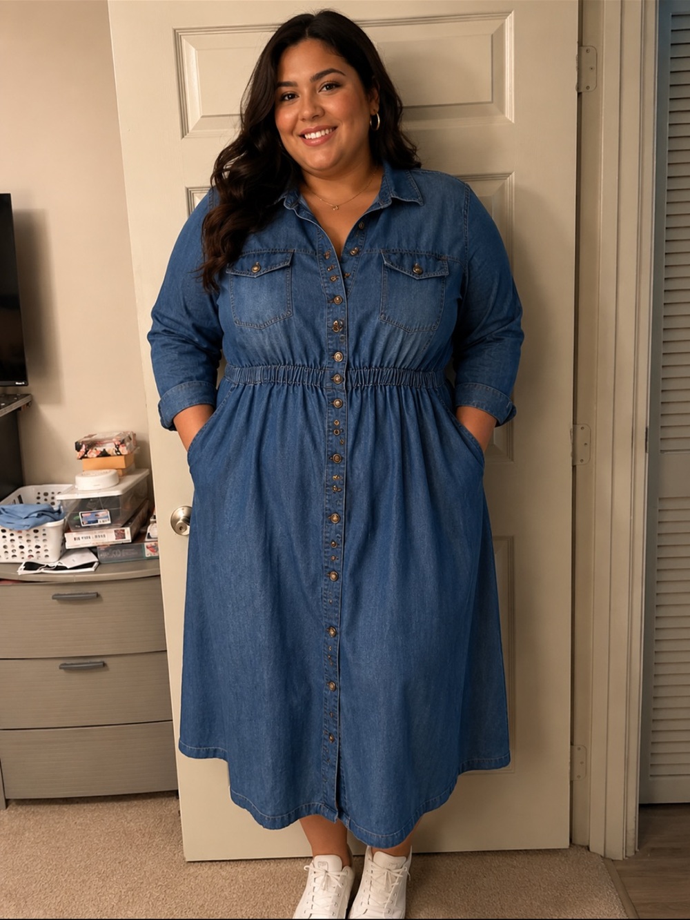 Ashley Stewart Blue Denim Maxi Shirt Dress